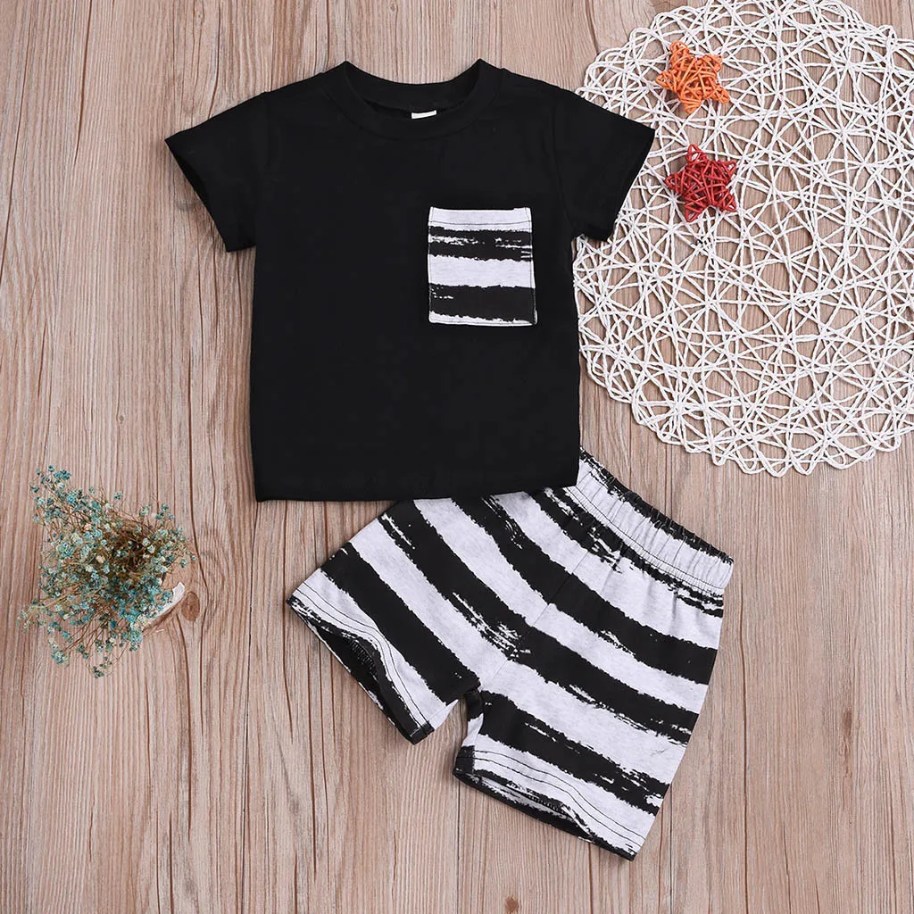 

Summer Infant Baby Short Sleeve Solid T-Shirt Tops+Striped Shorts Outfits Sets cotton summer clothes for boys clothes 6 years