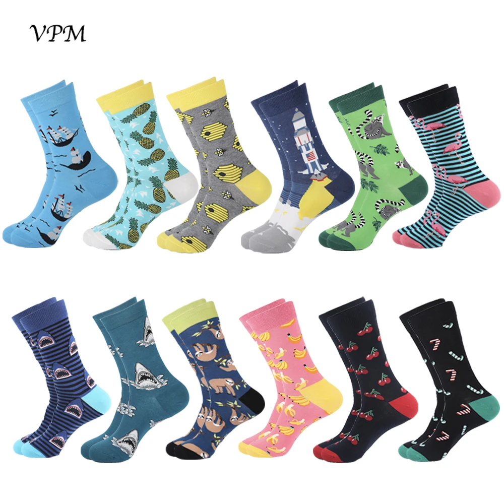 

VPM 2019 New Cotton Men's Crew Socks Happy Funny Sloth Beer Flamingo Novelty Hiphop Dress Sock for Men Large Gift 12 Pairs/Lot