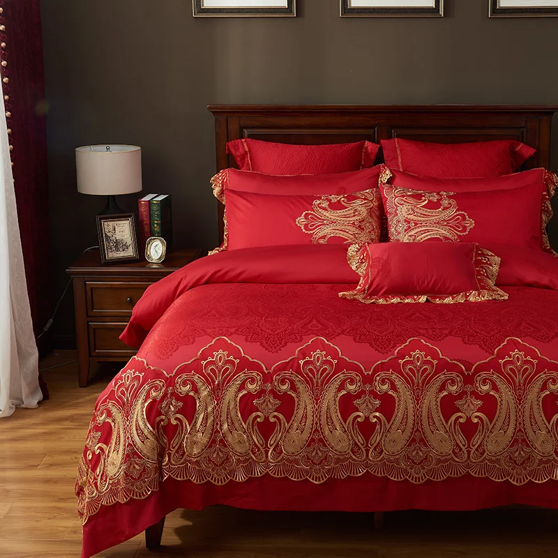 

Red Silk Cotton Satin Lace Bedding set Oriental Wedding Queen King size Bed cover Duvet cover Bed spread sheet set Gifts