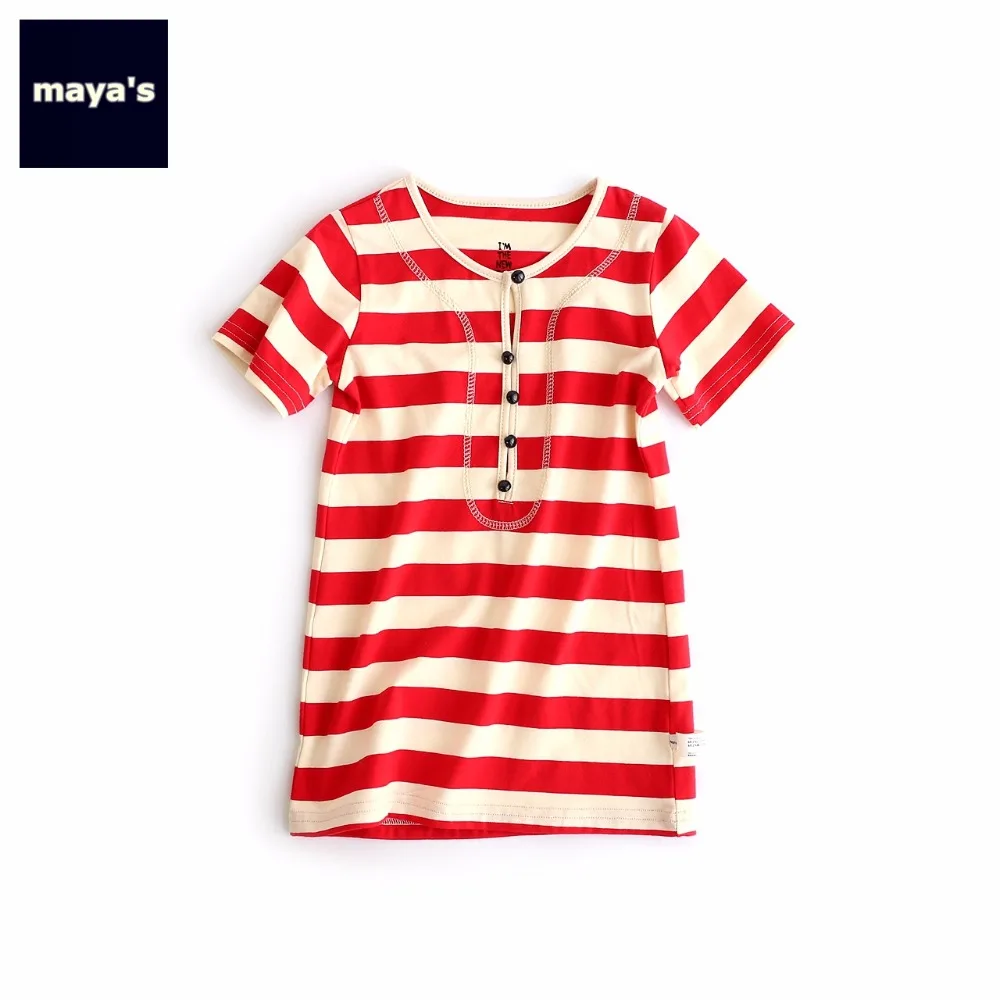 

Mayas Striped O Neck Shout Sleeves Girls Mini Dress Color Blocking Cotton Straight Button Dresses Toddler Soft Basic Dress 82033
