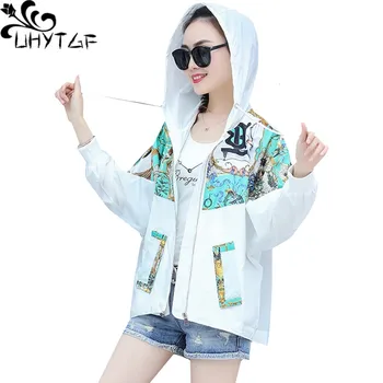 

UHYTGF Oversized Jacket women's Fashion hooded Sun protection clothing short coat Printed elegant Female summer top thin coat 66