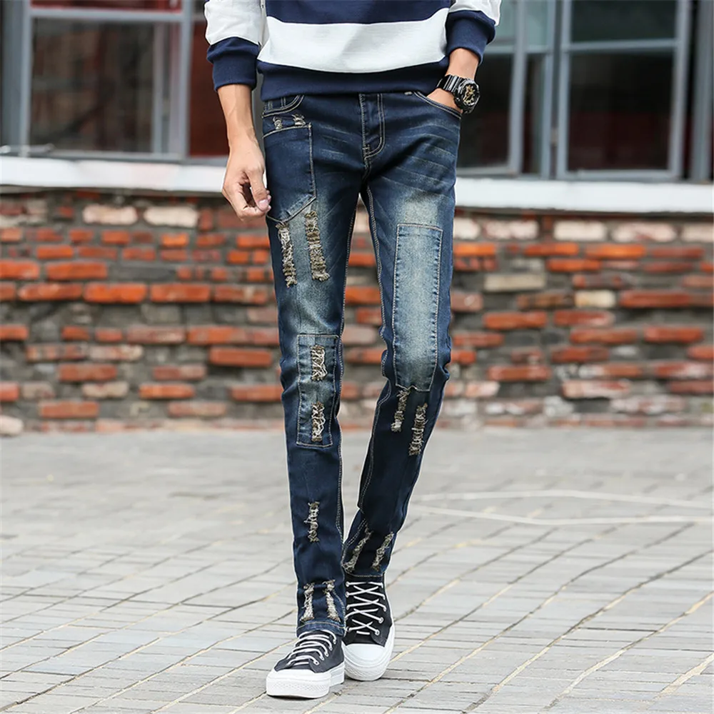 

Men Destroyed Jeans Causal Zipped Pocket Straight Cotton Trousers Distressed Slim Fit Jeans Blue Color for Men 806 Size 27-36