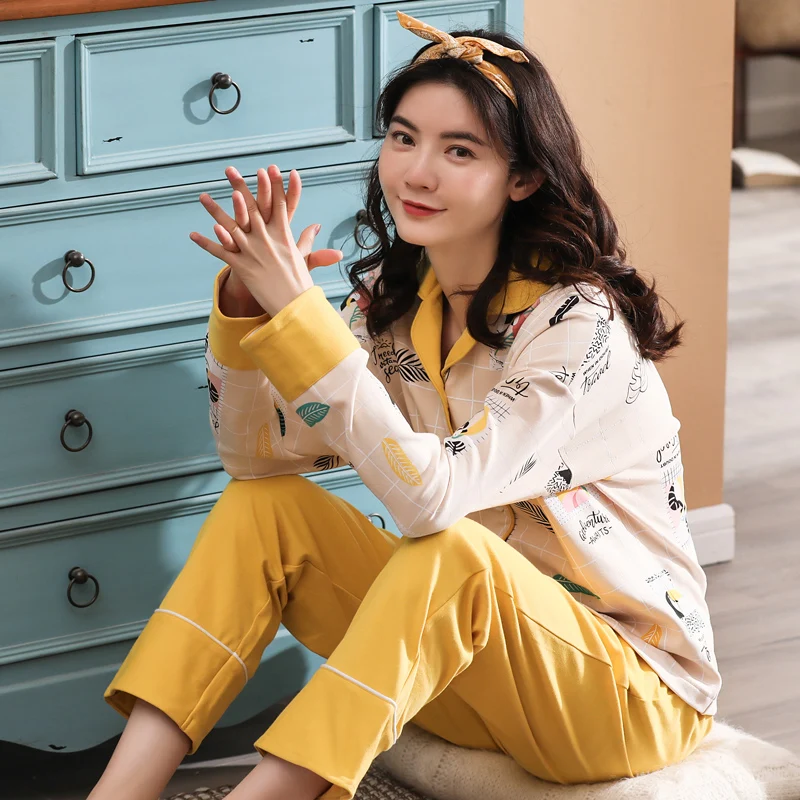 

2019 Long Sleeve Cotton Pajamas Suit Womens Pajamas Sets Cartoon Print Pijama Sleepwear Pyjamas Student Pj Sets Nightwear Set