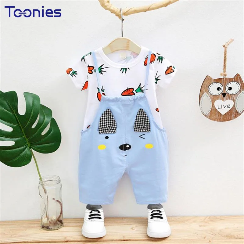2018 New Fashion Cute Cartoon Printed Girls 2pc Sets O-neck T-shirt+ Overalls Toddler Girl Clothing Summer Patchwork Suits |