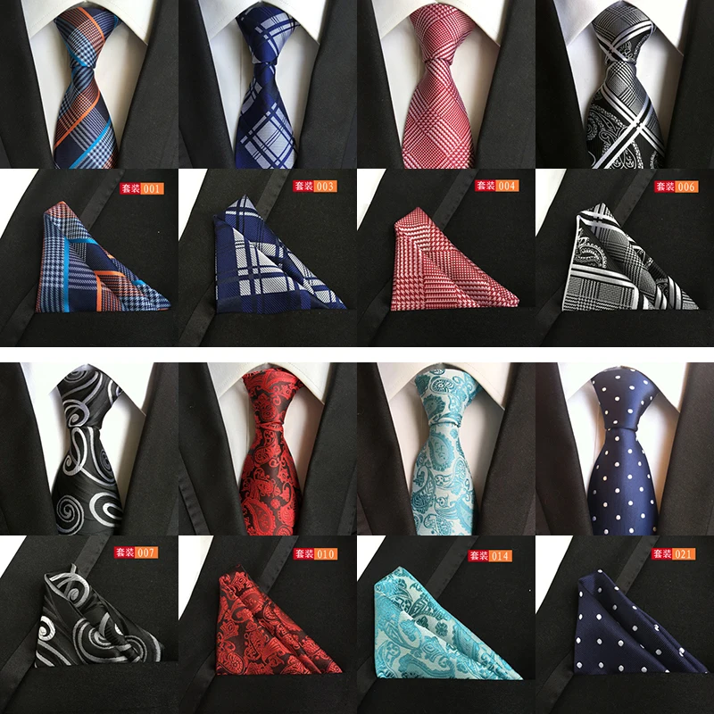 GUSLESON Mens Fashion Tie Pocket Square Set 8cm Silk Necktie Handerchief Business Gravata Men Ties Plaid Stripes Paisley Tie