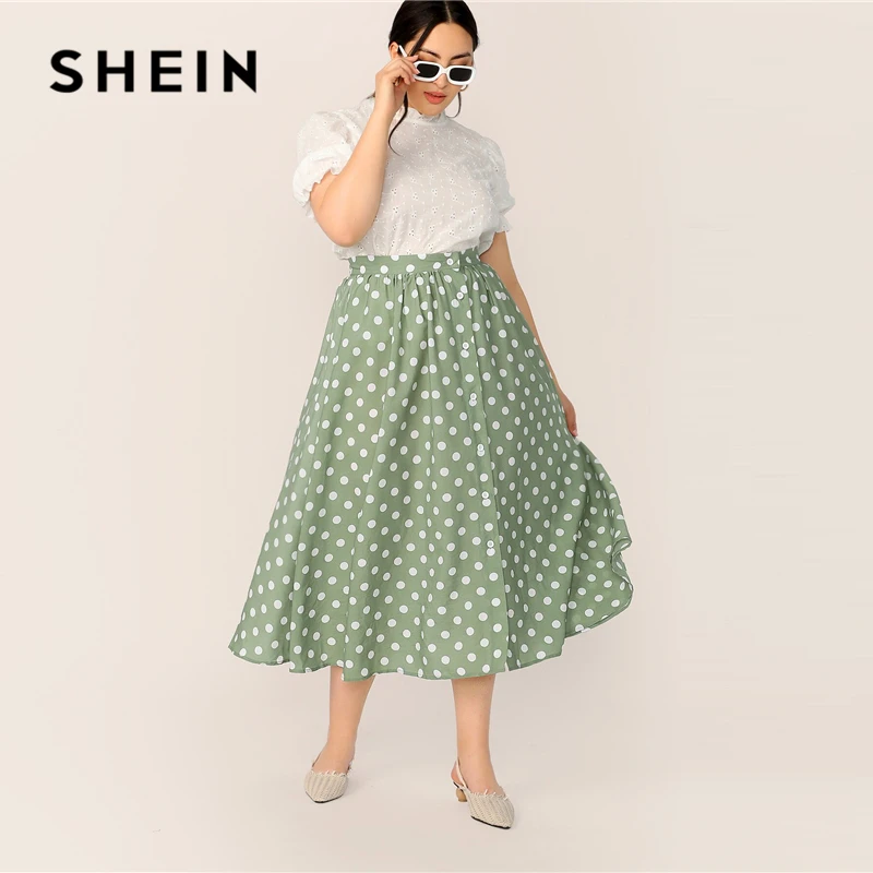 SHEIN, юбка трапециевидной формы с зеленым узором в горошек, на пуговицах, размера плюс,, женские весенне-летние повседневные Элегантные длинные свободные юбки для офиса
