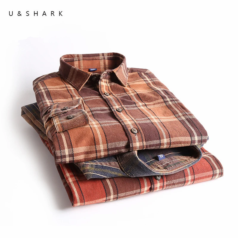 U&SHARK Spring New Mens Plaid Casual Shirts Long Sleeve Cotton Soft Dress Shirt Social Male Retro Style Camiseta Masculina