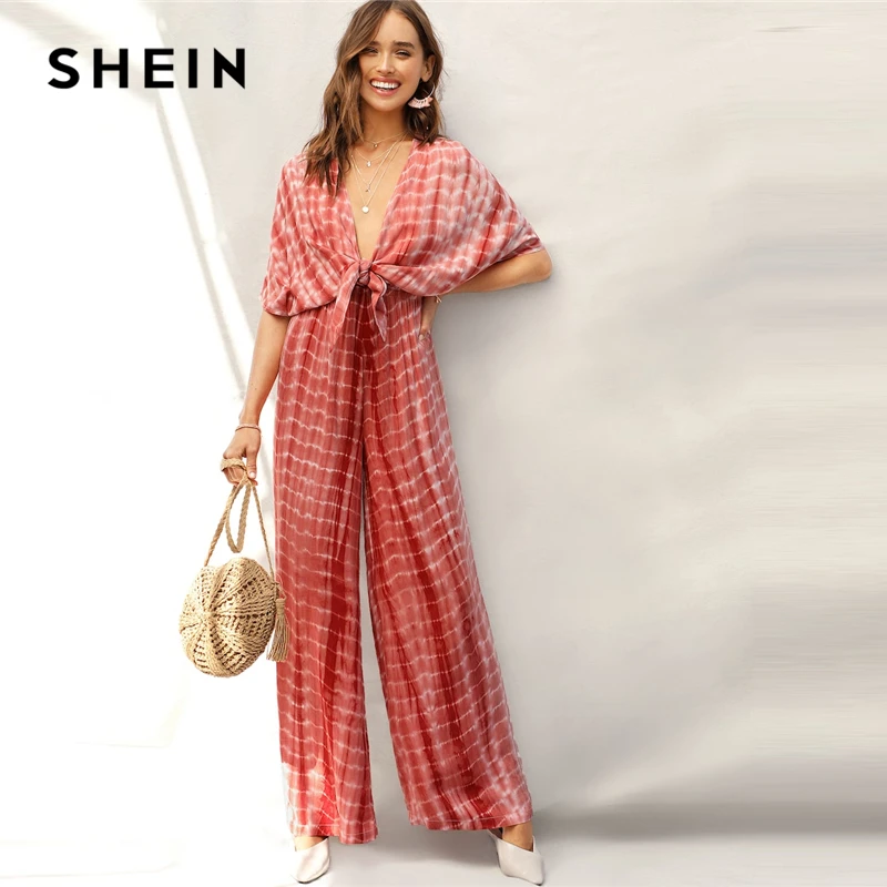 SHEIN Rust Plunging Neck Knot Front Tie Dye Palazzo Jumpsuit Spring Deep V Neck Solid High Waist Maxi Wide Leg Jumpsuits
