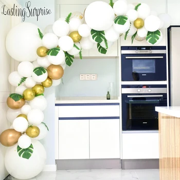 

129pc Balloon Garland Arch Kit White Gold Confetti Balloons Artificial Palm Leaves For Parties Party Wedding Birthday Decoration