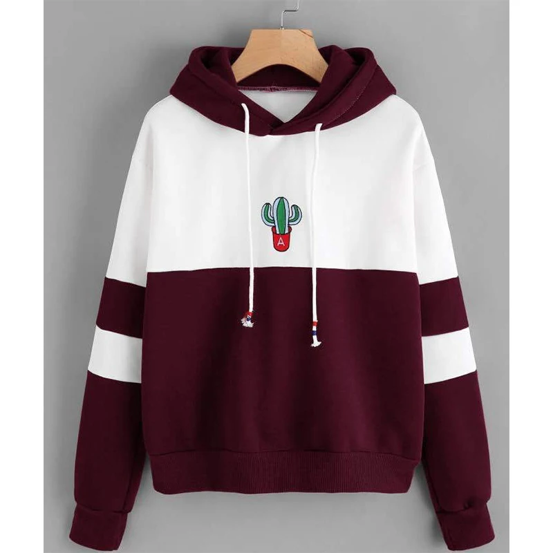 

Paris girl Drawstring Color Block Cactus Embroidered Hoodie Spring Autumn Long Sleeve Ladies Casual Sporty Pullovers Sweatshirt