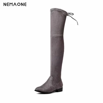 

NEMAONE Women Shoes Bow Tie Ladies Motorcycle Boots Size 34-43 2019 Square Low Heel Woman Stretch Fabric Over The Knee Boots