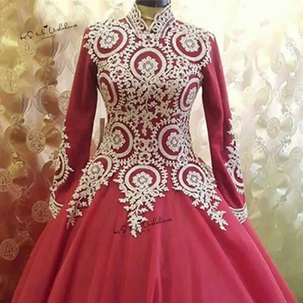 High Neck Long Sleeve Muslim Wedding Dress 2018 Hijab Saudi Arabia
