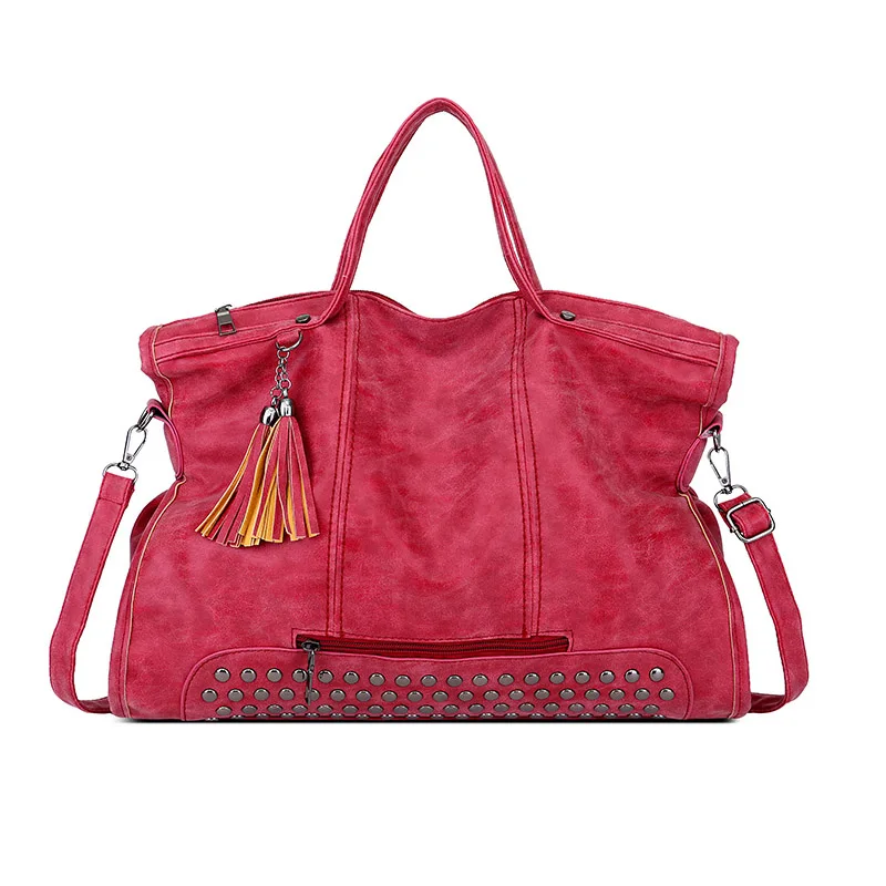 Scrub Rivet Soft Leather Bag New Fashion Tassel Handbag Large Capacity Casual Wild Shoulder Messenger Bag Female - Цвет: Red