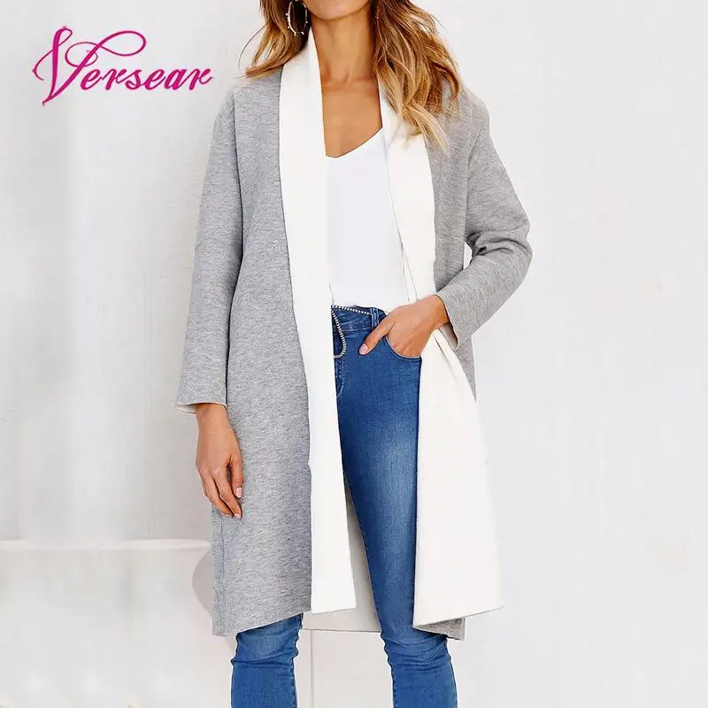 

Versear 2019 Autumn Winter Windbreaker Female Open Front Shawl Long Sleeves Casual Warm Cardigan Overcoat Trench Coat for Women