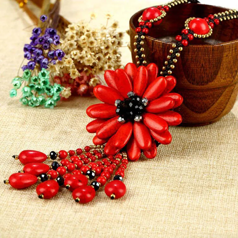 Массивный натуральный богемский камень цветок кулон ожерелья красный Этническая Веревка на цепочке с длинными кисточками ожерелья для женщин очаровательные ювелирные изделия - Окраска металла: Red as photo