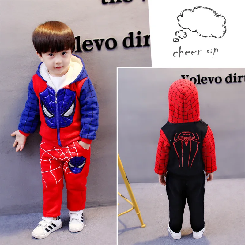 

Children Kids Winter Sets 1-4 Years Old Boy Spiderman Plus Velvet Thick Two-piece Children Hooded Suit Christmas Birthday Gift