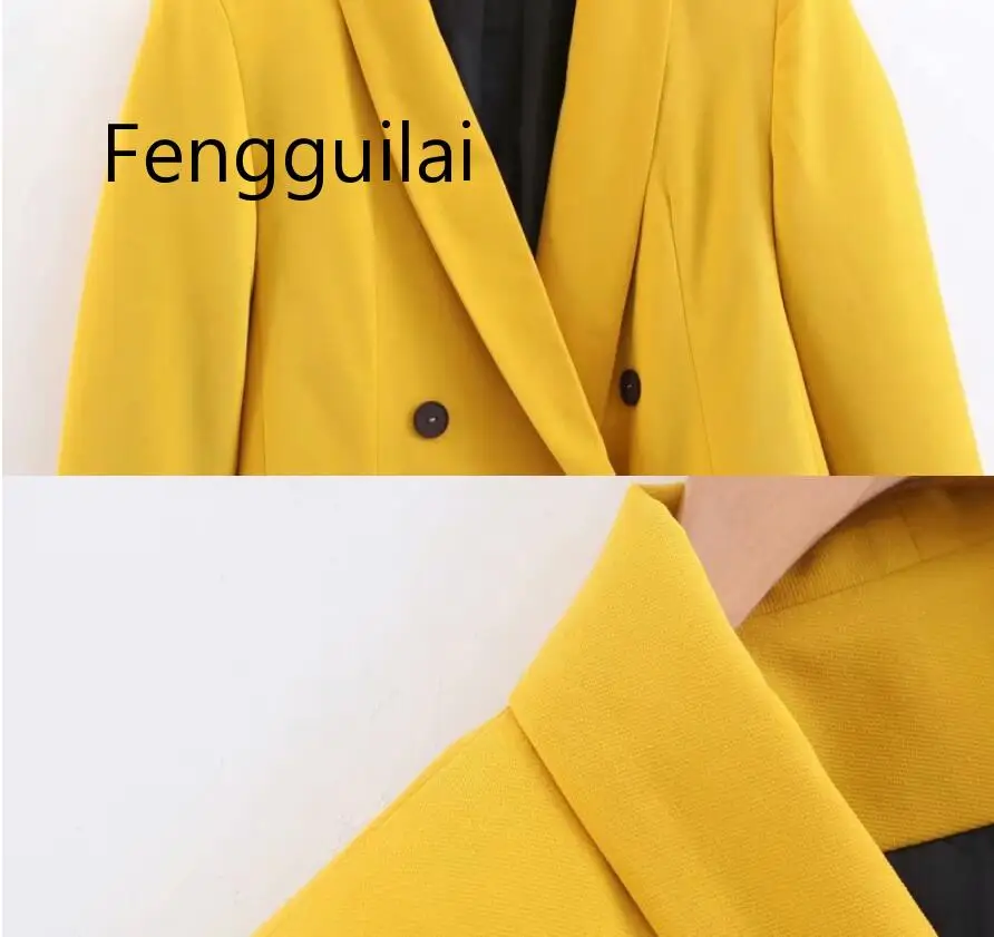 2019 Women Double Breasted Long Blazers Office Lady Small Suit Jacket Ladies Leisure Yellow Blazer Loose Coat Streetwear