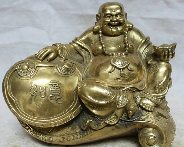 

JP S61 15" Chinese Brass Folk Seat Wealth Ru Yi Fu Happy Laugh Maitreya Buddha Statue (B0328)
