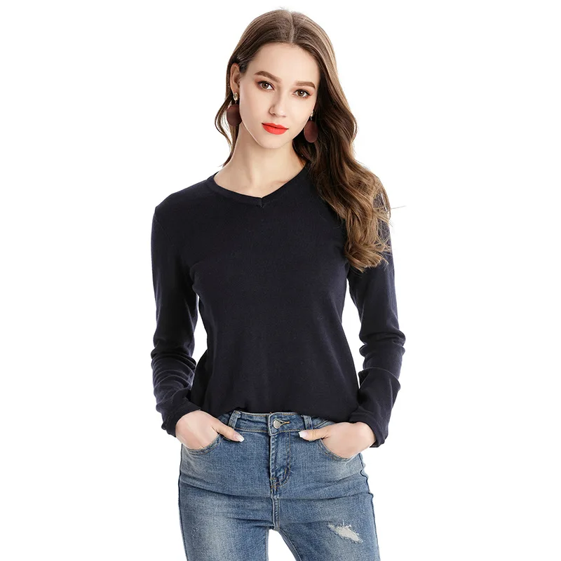 

Navy Blue Women V-neck Sweater Long Sleeve Pure Color Pullovers Spring Autumn Well-Match Girls Inner Sweater