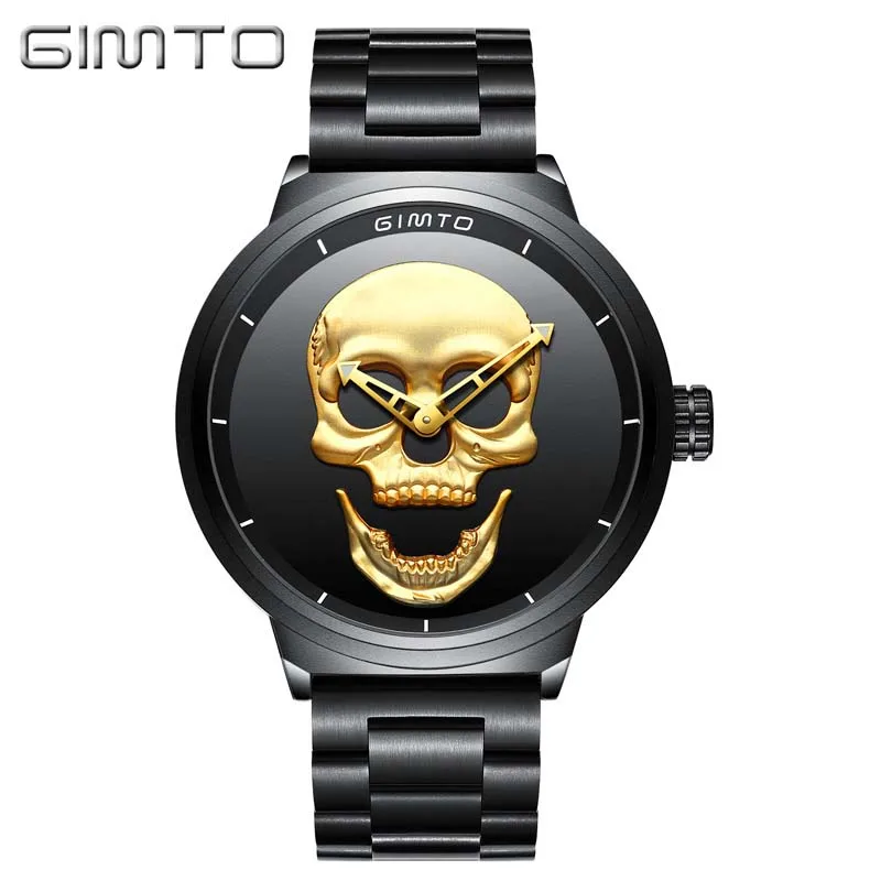 Мужские часы GIMTO, уникальный дизайн, мужские часы с черепом, роскошный бренд, Спортивные кварцевые Военные Стальные наручные часы, мужские часы - Цвет: Gold black