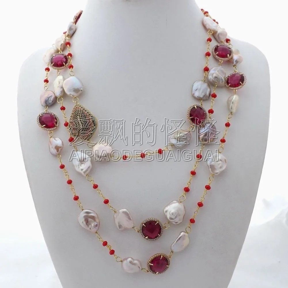 

Women's 70" Purple Keshi Pearl Crystal Cz Connector Necklace