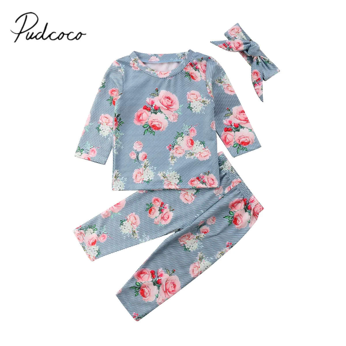 

2018 Brand New Newborn Infant Baby Girls Autumn Clothes 3PCS Floral Striped Long Sleeve Pullover Sweatshirt Tops+Pants+Headband