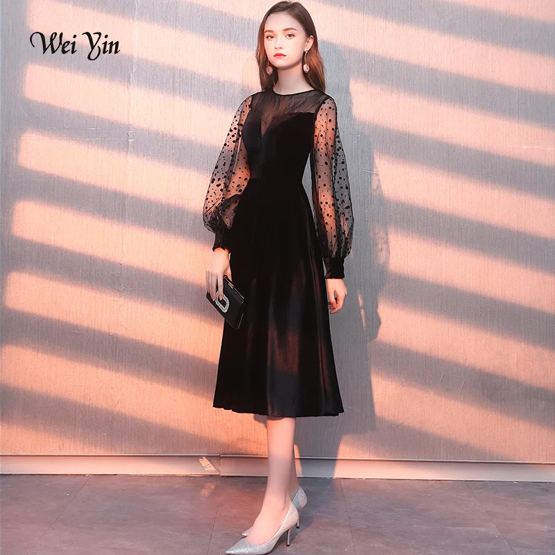 

weiyin Long Sleeves Velour Evening Dress Party Elegant Gowns Tulle A Line Vestidos De Festa Vestido Longo Robe De Soiree WY1167