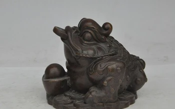 

5" chinese fengshui bronze wealth money coin ingot golden toad bufo frog statue