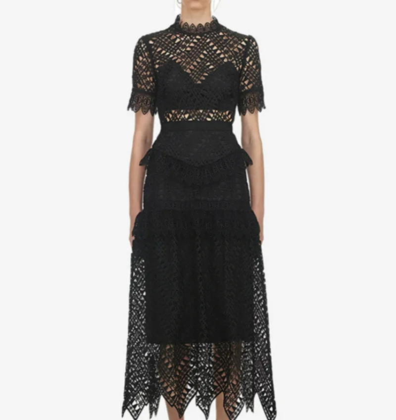 Robe Designer Dames Vintage Nouveau Noir Portrait 2019 Auto Robes D'été Élégant Sexy Longue Ruches Dentelle Échancré En Maxi wREqqXfrx