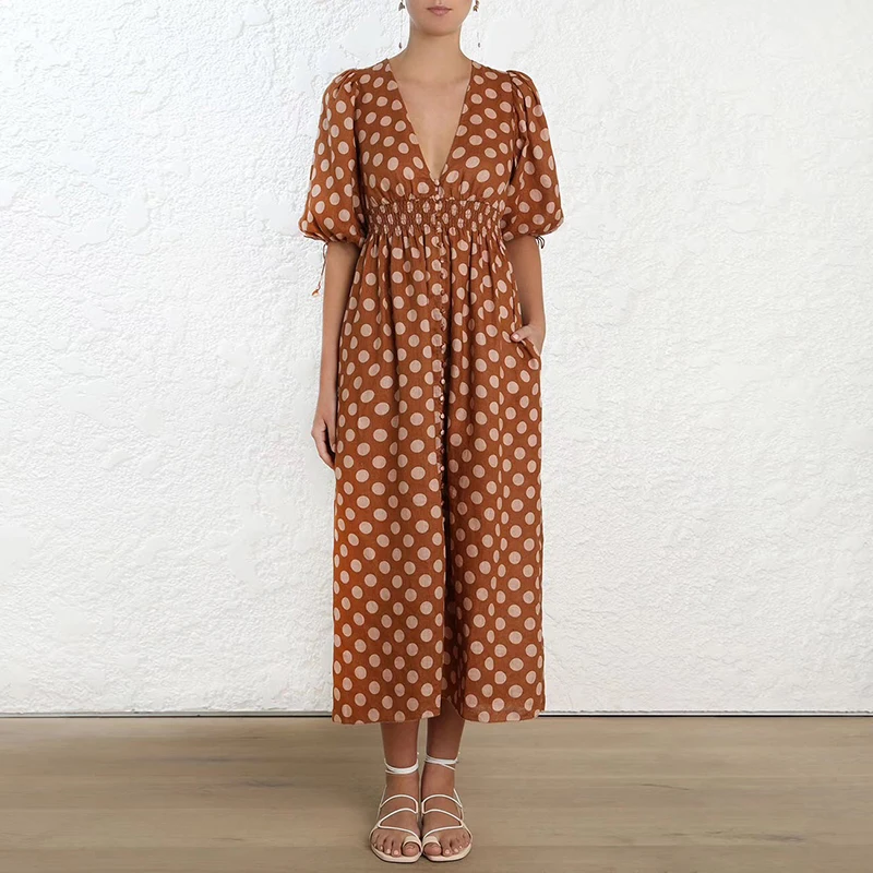 

100% Linen Women's V-Neck Shirred Waist Polka-Dot Dress Self-tie Sleeve Cuffs