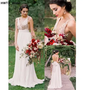 

Sexy V-neck Long Wedding Party Gowns 2018 Sequined Backless Formal Floor Length Cheap Bridesmaid Dress A Line Vestido De Fiesta