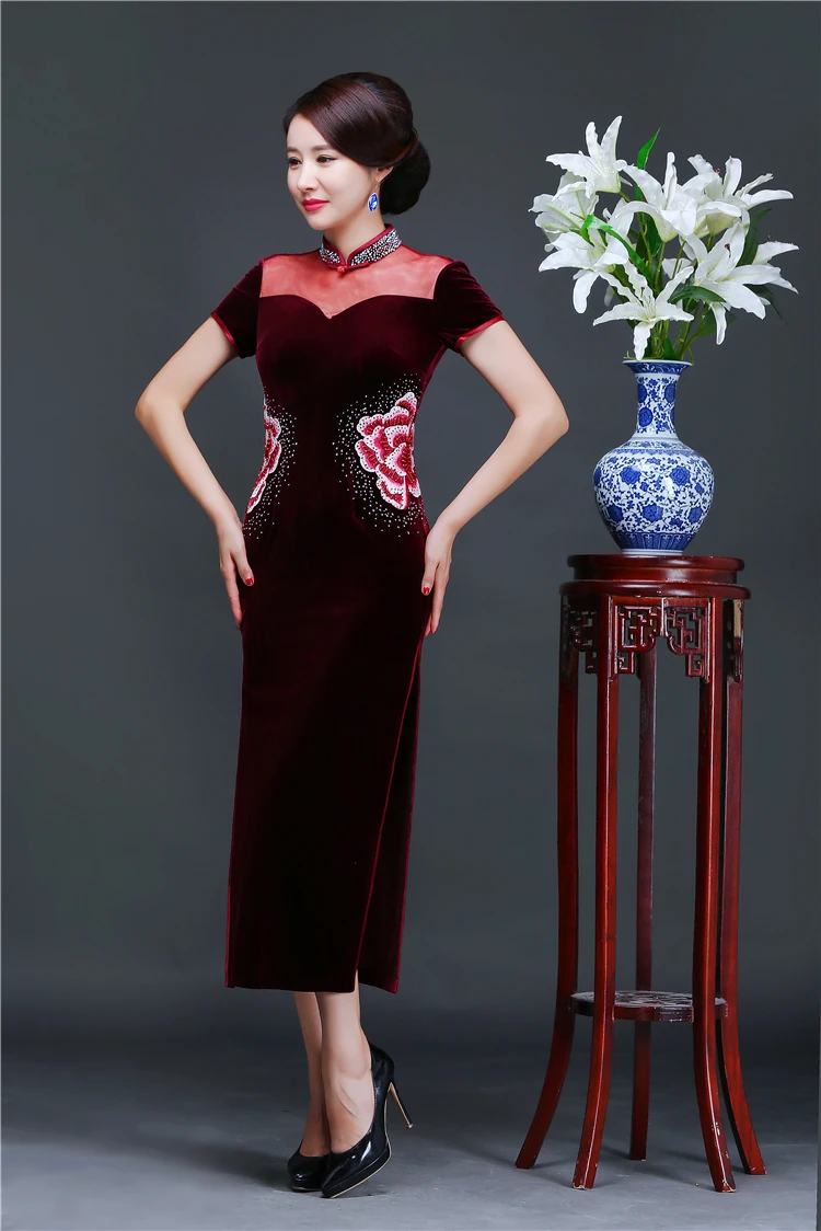 Традиционная китайская мода бархат Cheongsam Иллюзия декольте Восточный длинное платье зима Qipao платья Cheongsams велюр Qi Pao