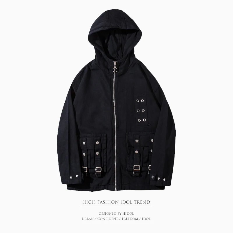 

Military Pocket Patchwork Denim Jacket Hoodie Zipper Hood Holes Iron Hoop Coat Black Men Brand Hip Hop Streetwear Punk Rock