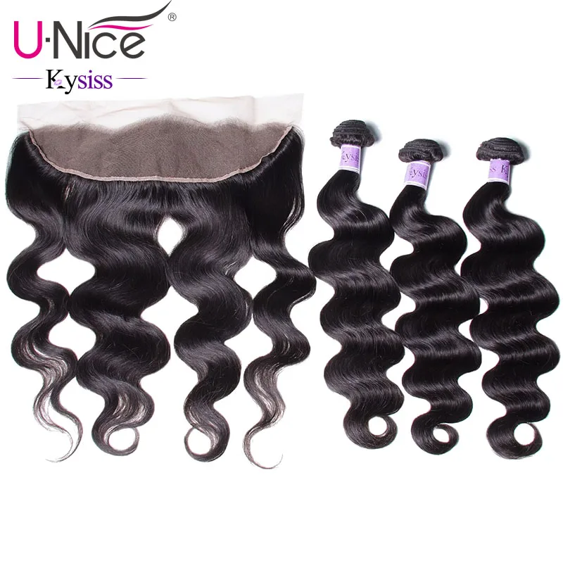 

UNice Hair Kysiss Series 8A Body Wave Peruvian Hair Lace Frontal Closure With Bundles 4 PCS Virgin Hair 100% Human Hair Weave