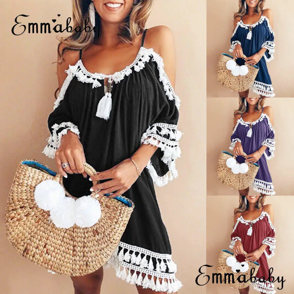 

Women Summer Tassel Sleeveless Short Dress Tassel Evening Party Beach Dress Casual Sundress New