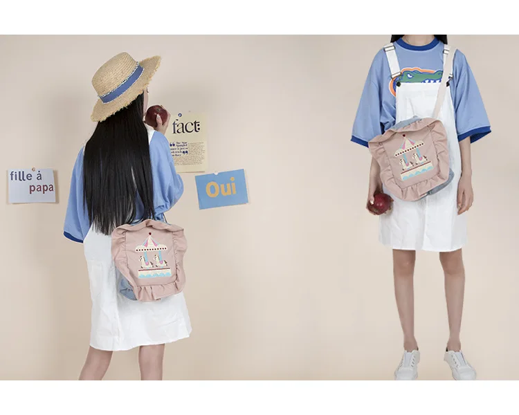 Harajuku Cartoon Embroidery Female Student Handbag New Hot Women's Color Matching Ruffled Shoulder Bag Messenger Bag