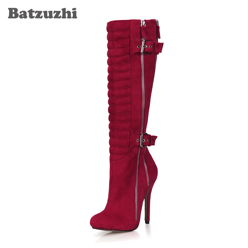 

Batzuzhi-Women Winter Boots Plush Inisde Red Suede Knee High Boots Ladies 12cm Heels Sexy Botas Mujer Party Zip, Big Size 35-43