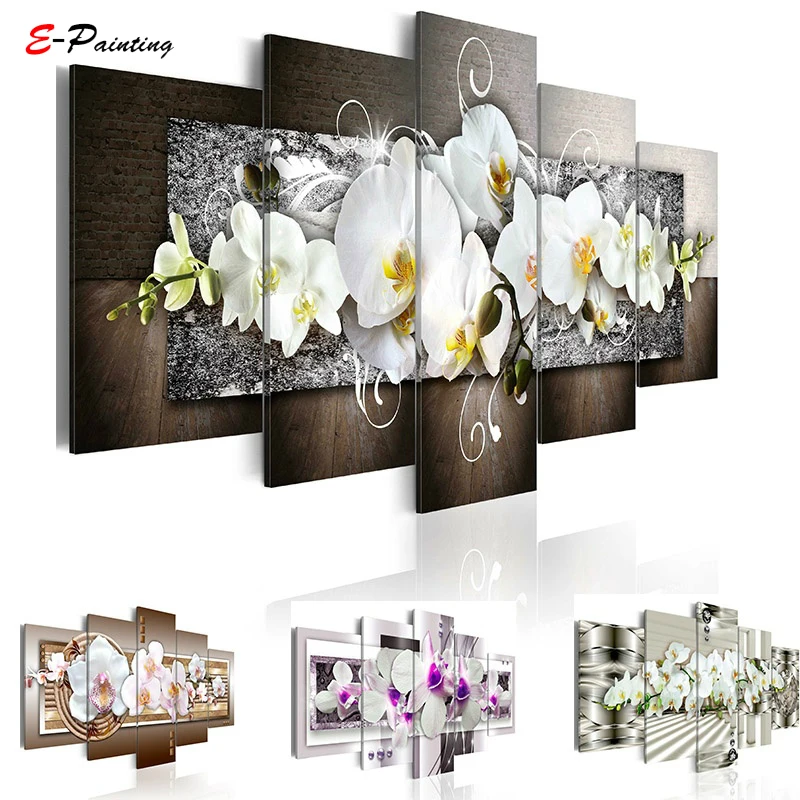 Белая цветочная картина орхидеи, современный холст, художественный плакат, 5 шт., модульная живопись, настенная художественная картина, принт для гостиной, домашний декор