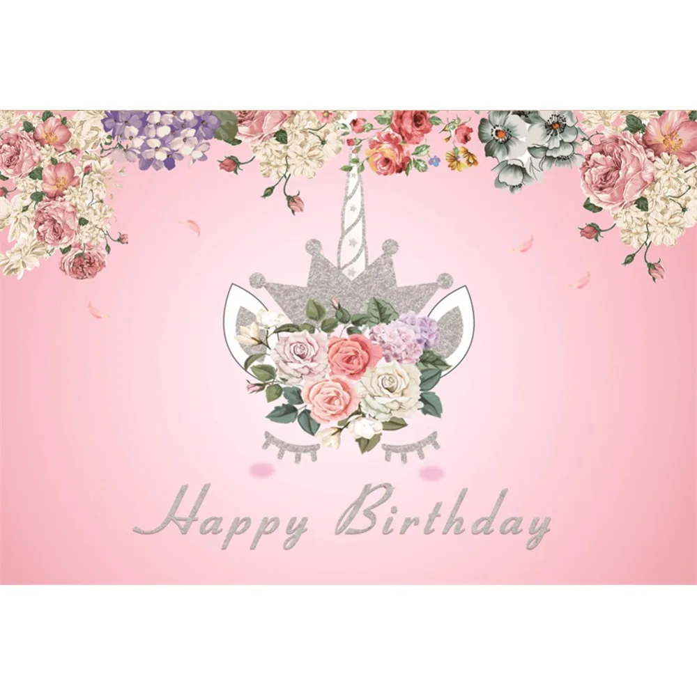 Laeacco Pink Backdrops For Photography Unicorn Party Birthday Flowers Baby Portrait Poster Photographic Backgrounds Photo Studio