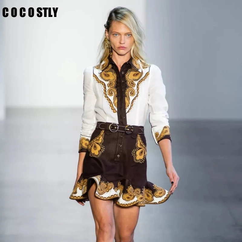 

women 2 pieces set skirt suit vintage print shirt blouse tops river mini skirt designer runway sets slim female suit women sets