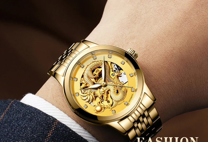 Fngeen золотой дракон автоматические механические часы повседневные мужские часы из нержавеющей стали лучший бренд класса люкс бизнес модные часы для мужчин