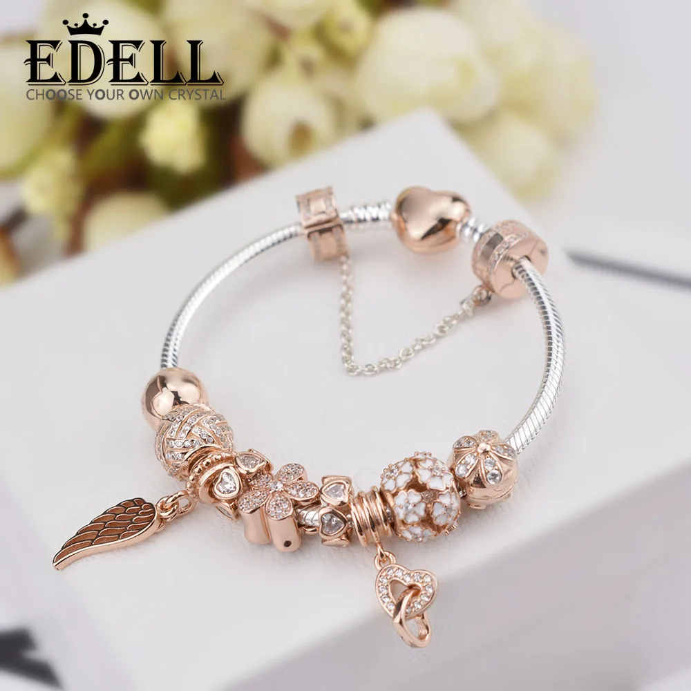 

EDELL Genuine 100% 925 Sterling Silver Bracelet For Set Women Rose golden birthday Gift charm Bead Jewelry DIY bangle