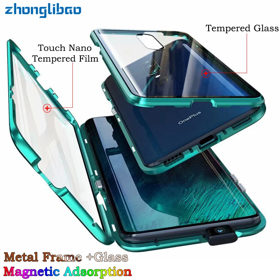 

Built-in Magnetic Adsorption Metal Case for Oneplus One Plus7 Pro Luxury 360 Full Cover Front Back Glass Double Screen Protector