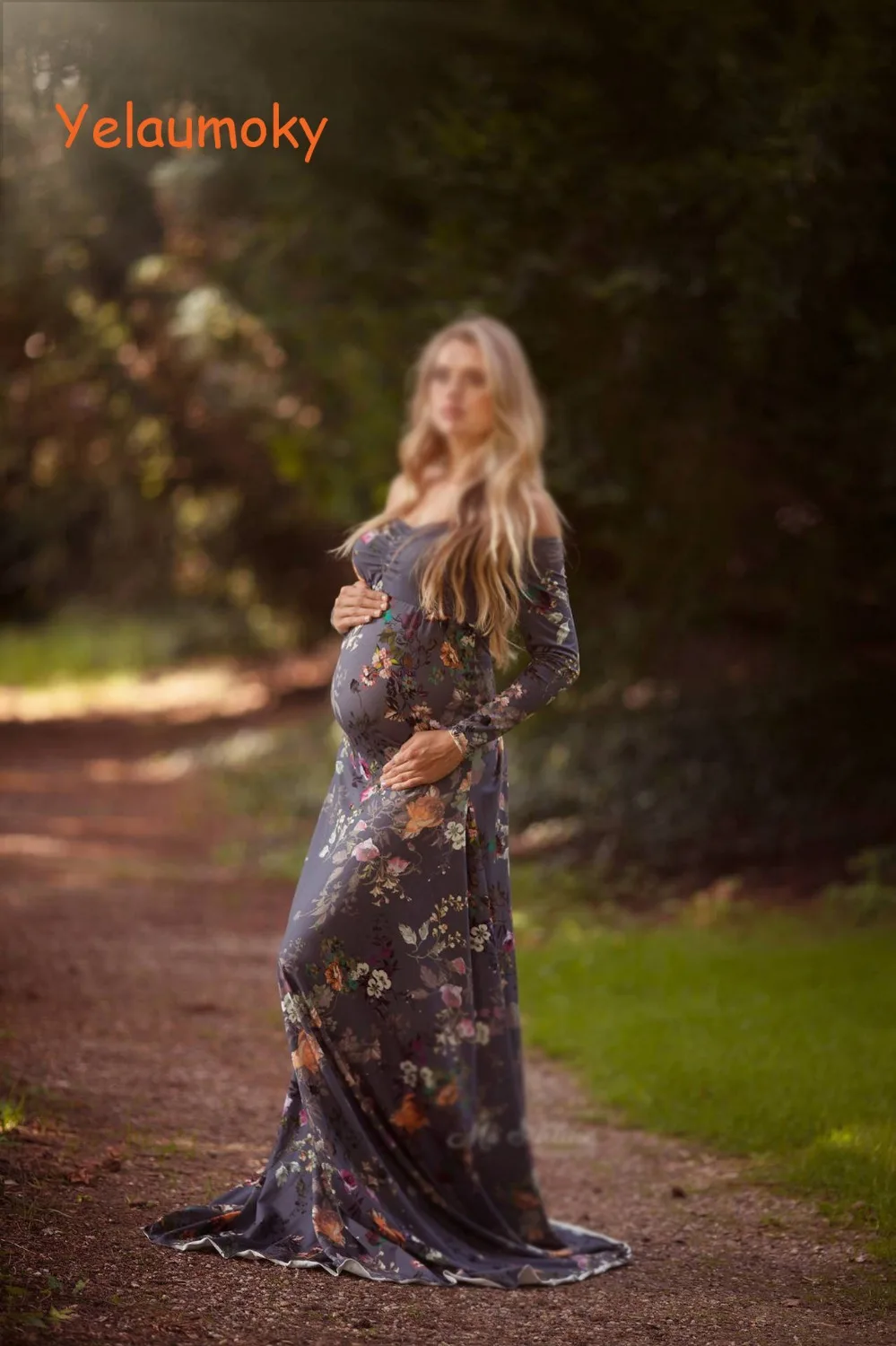 С длинным рукавом платье для беременных для фотосъемки photogrphy реквизит беременности с цветочным принтом платье Женская Tull пляжное платье [yelaumoky]