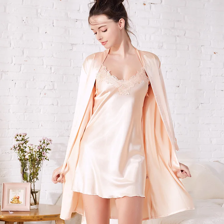 

Spring and summer newest simulation silk V-neck sexy strap nightdress with loose robe suits home clothes bathrobe and nightgown