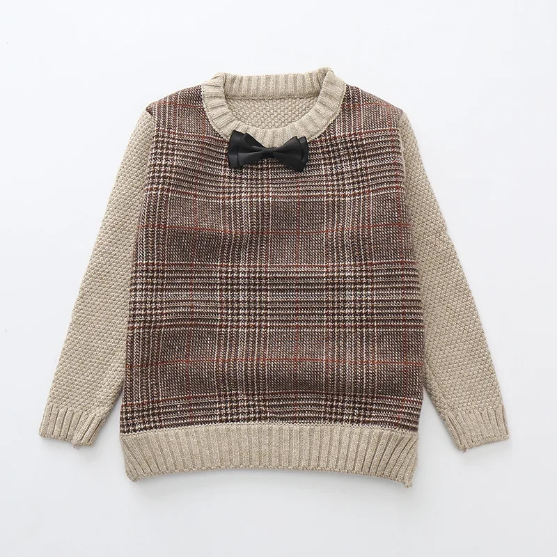 

British Style 2017 Fall Winter Little Boys Fashion Plaid Bowtie Thick Plus Velvet Knitted Sweaters Children Knitwear Baby Kids