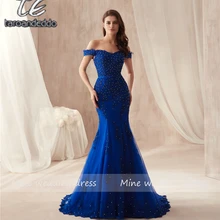 С плеча платье с юбкой годе Королевского синего цвета тонкое вечернее платье аппликация с жемчугом бисером сексуальное длинное вечернее платье вечерние платья