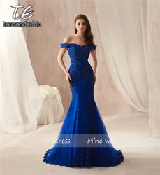 С открытыми плечами платье с юбкой годе Королевского синего цвета тонкий вечернее платье аппликация жемчугом бисер пикантные Длинные