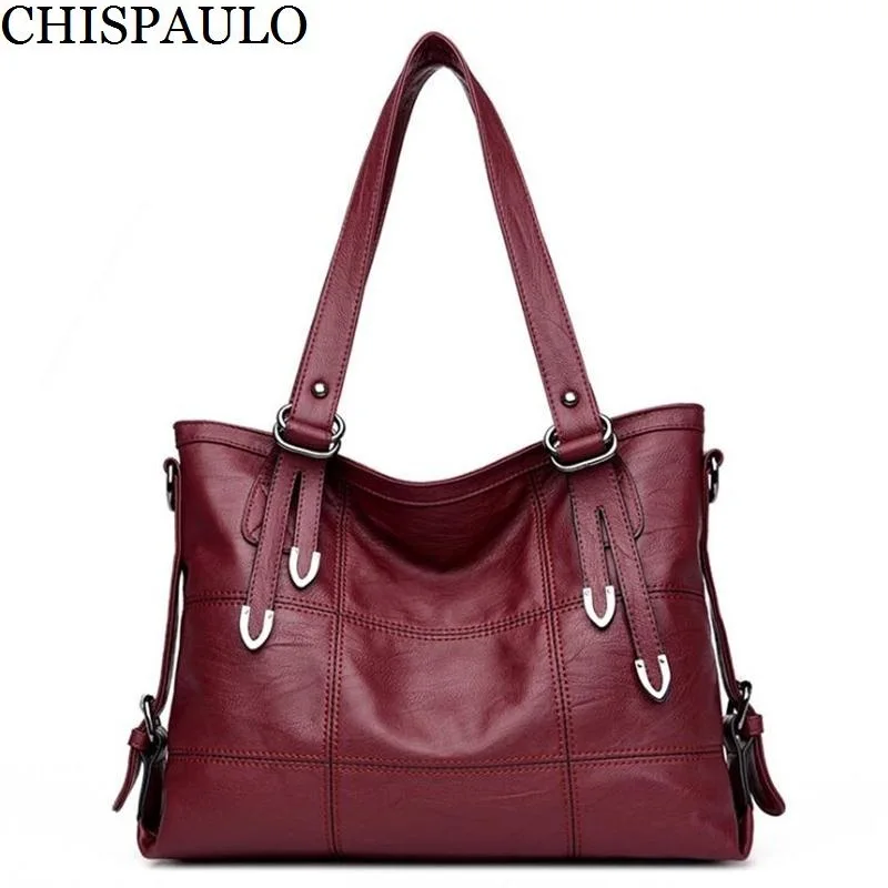 Wine red Leisure Leather Big Shoulder Bag Female Bag Large Capacity ...