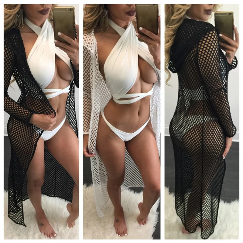 2018 Beach Cover Up Sexy Mesh Cardigan Long Sleeve Hollow Hooded (4)